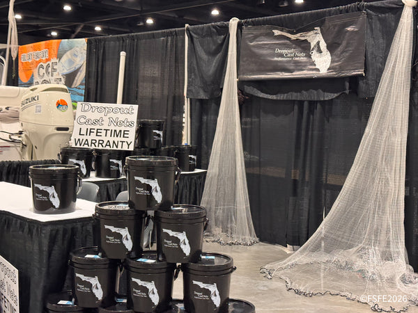 Dropout Cast Nets displays their lifetime-warranty performance cast nets at a Florida Fishing Expo booth.