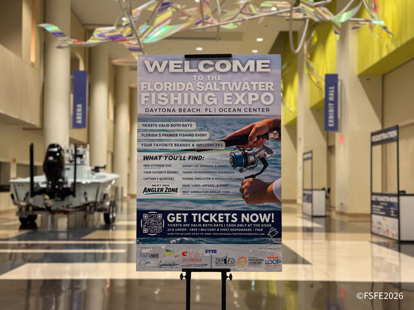 A welcome sign for Florida's premier fishing event greets guests in the Ocean Center lobby ahead of the show floor.