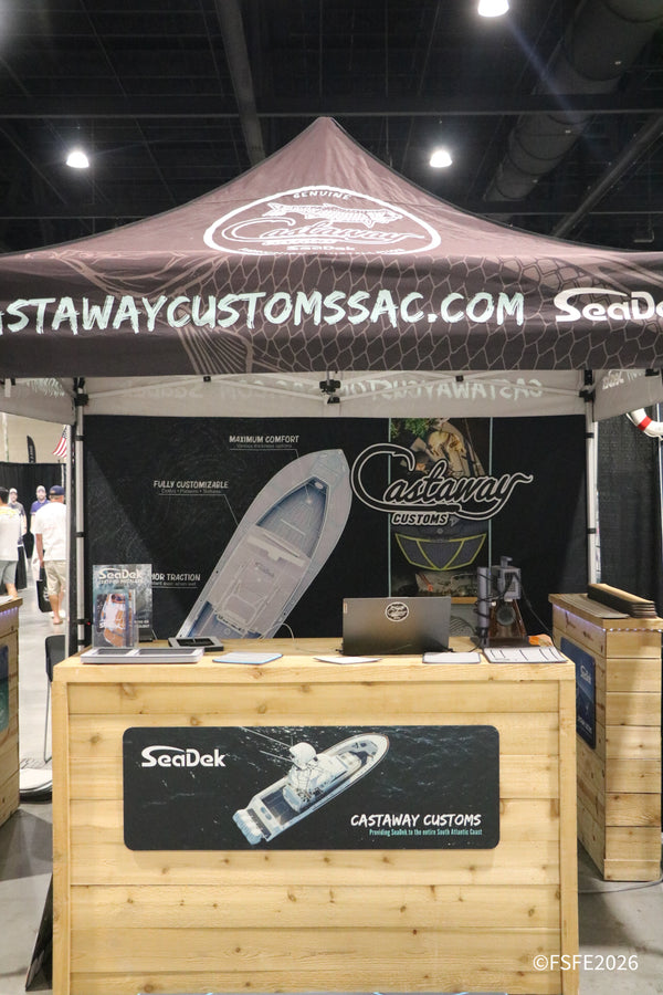 The Castaway Customs booth, providing SeaDek boat decking to the South Atlantic Coast, greets Florida Fishing Expo visitors under its branded tent.