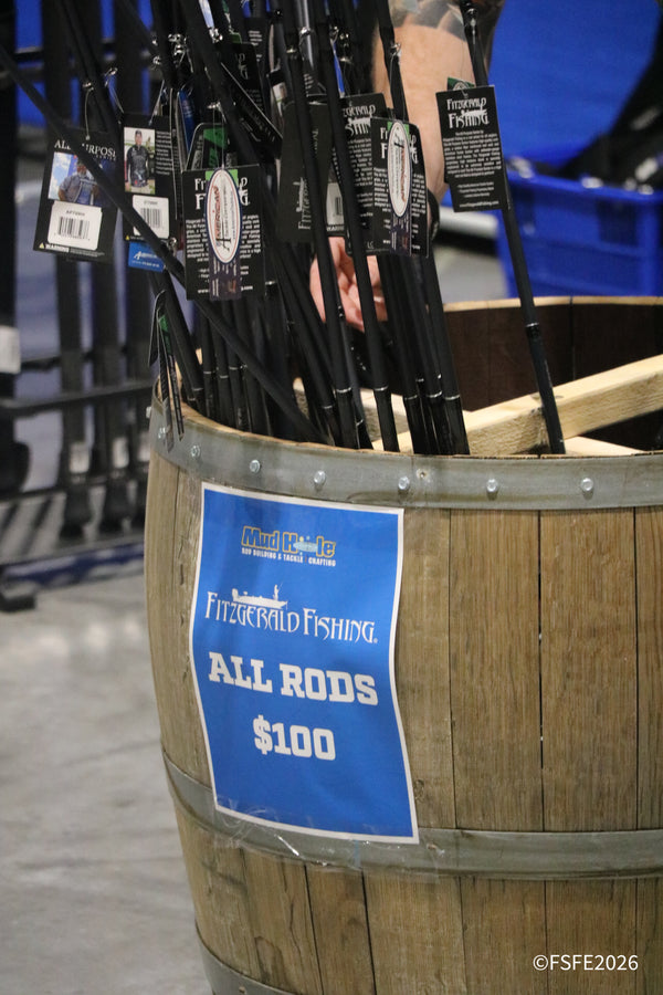 A barrel packed with Fitzgerald Fishing rods at a $100 all-rods deal draws bargain hunters at the Florida Fishing Expo.