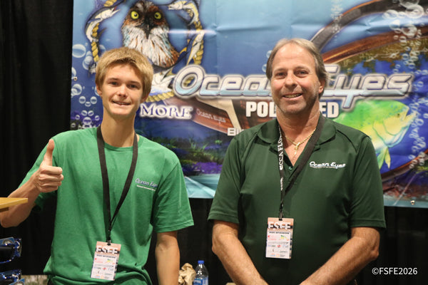 All smiles at the Ocean Eyes Polarized booth, where a team member gives a big thumbs-up at the Florida Fishing Expo.