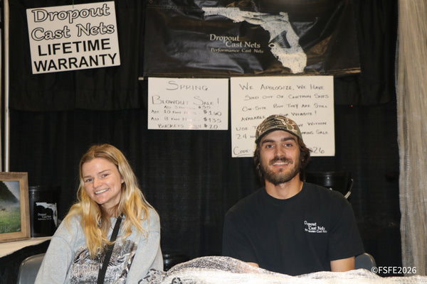 The Dropout Cast Nets team smiles at their booth, having sold out several sizes on-site at the Florida Fishing Expo.